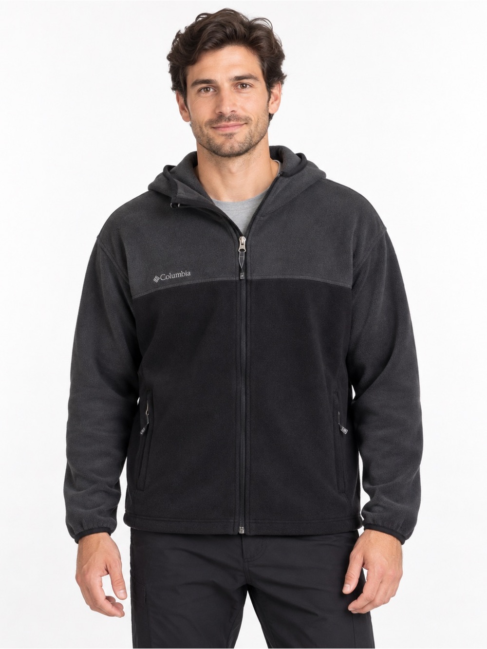 Columbia Men’s Large Fleece Jacket Hooded Full Zip Black Gray Outdoor Hiking